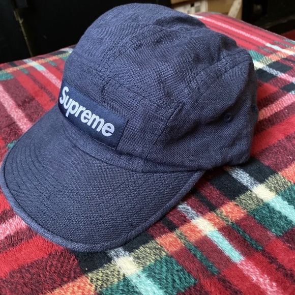Supreme 100% Linen 5 panel Camp Hat Made In Italy Navy Blue 2021 - Picture 3 of 8